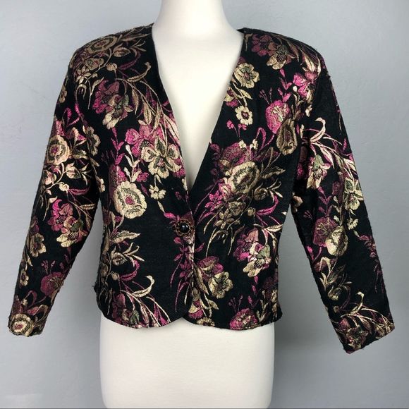 Vintage size M black floral cropped jacket - Picture 1 of 5